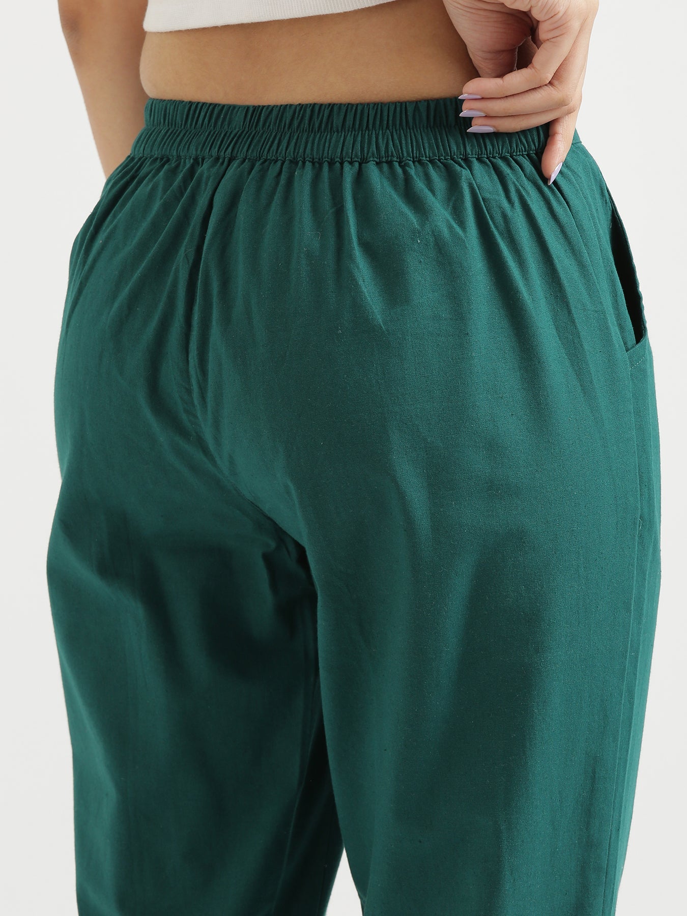 Vedora Essentials: Bottle Green Cotton Pants – Comfort in Every Size