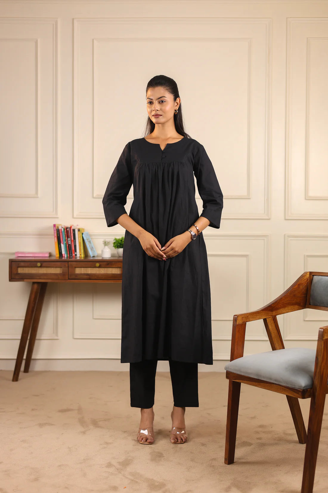 "Nayra" - Flowy Gathered Yoke Cotton Kurta & Straight Pants Set