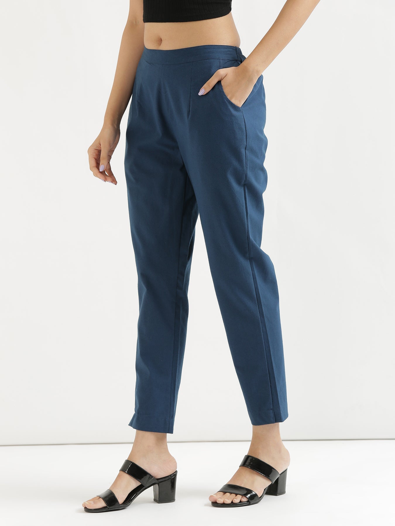Vedora Vibrance: Peacock Blue Cotton Pants for Bold Elegance