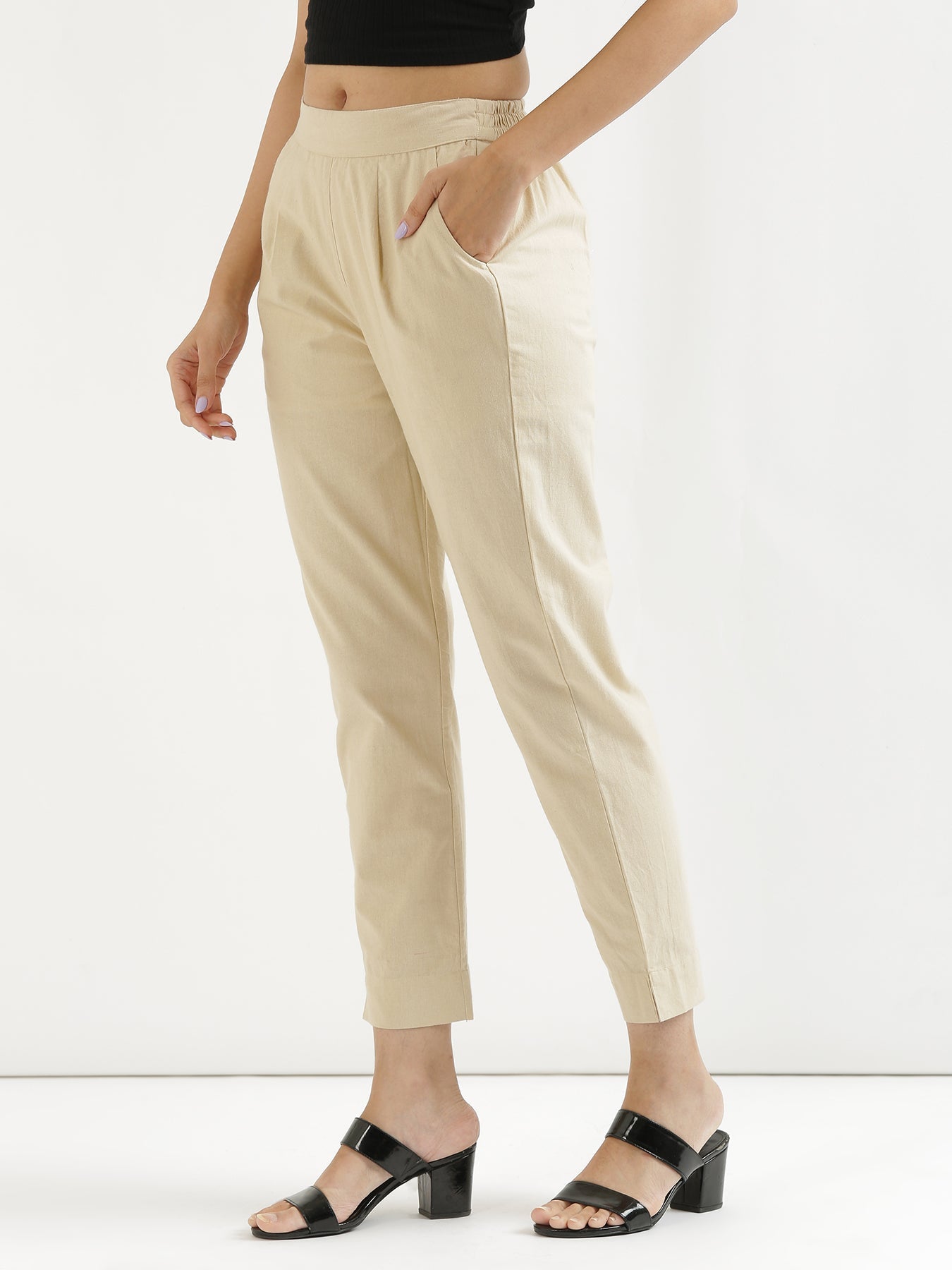 Vedora Essentials: Beige Cotton Pants for Seamless Style