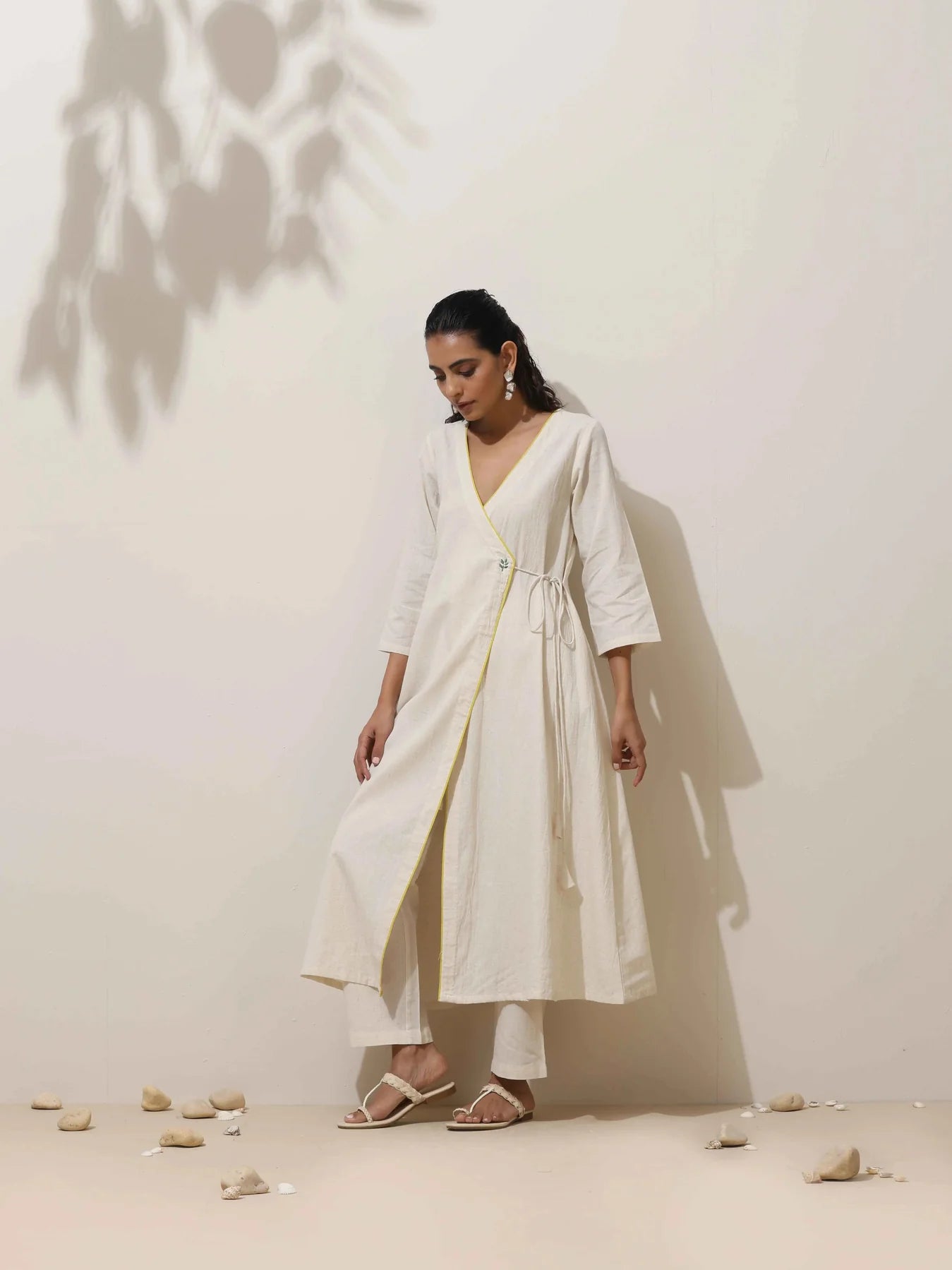 Off-White Cotton Linen Angrakha Kurta Pant Set