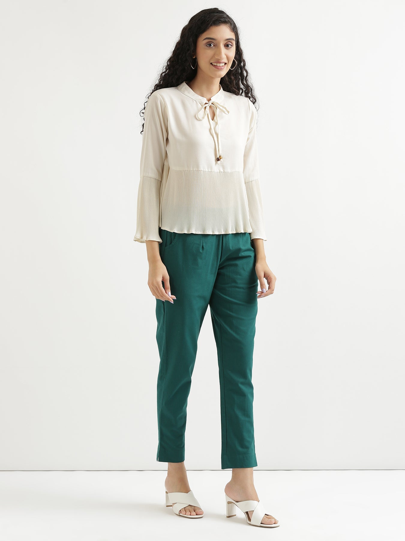 Vedora Essentials: Bottle Green Cotton Pants – Comfort in Every Size