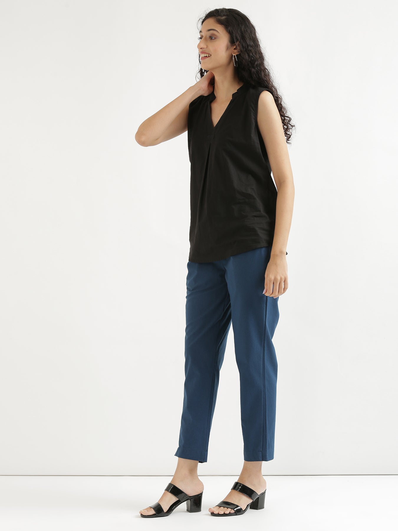 Vedora Vibrance: Peacock Blue Cotton Pants for Bold Elegance