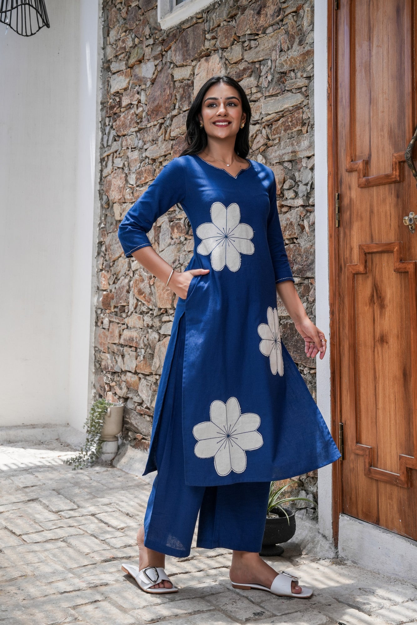 Indigo Patch Bloom Cotton Kurta Set