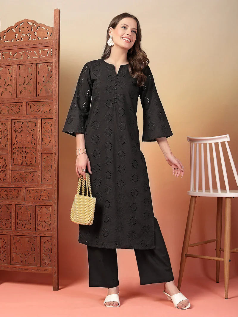 "Aarvi" - Charming Schiffli Embroidery Cotton Kurta & Pants Set