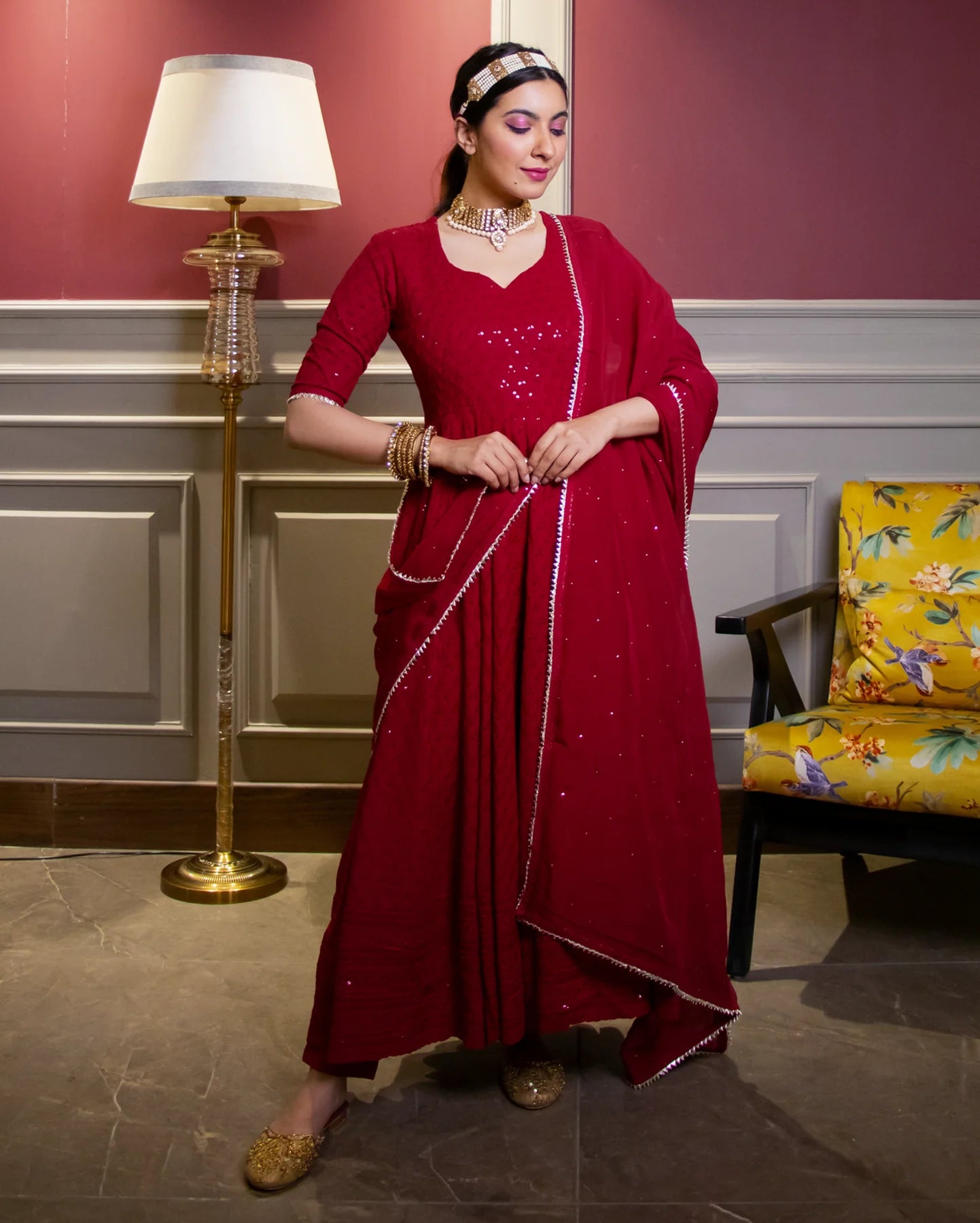 Regal Maroon Sequin Rayon Anarkali Suit Set