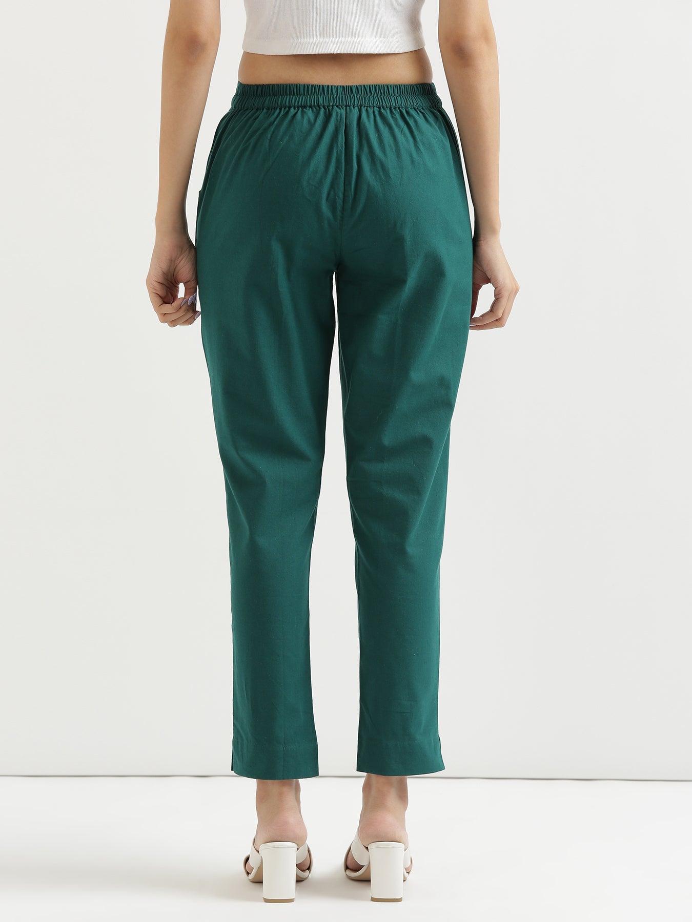 Vedora Essentials: Bottle Green Cotton Pants – Comfort in Every Size