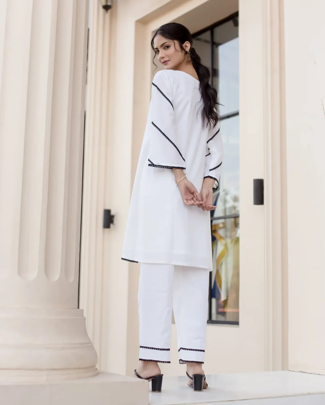 "Contessa" - Crisp White Cotton Straight Kurta Set with Black Contrast Piping