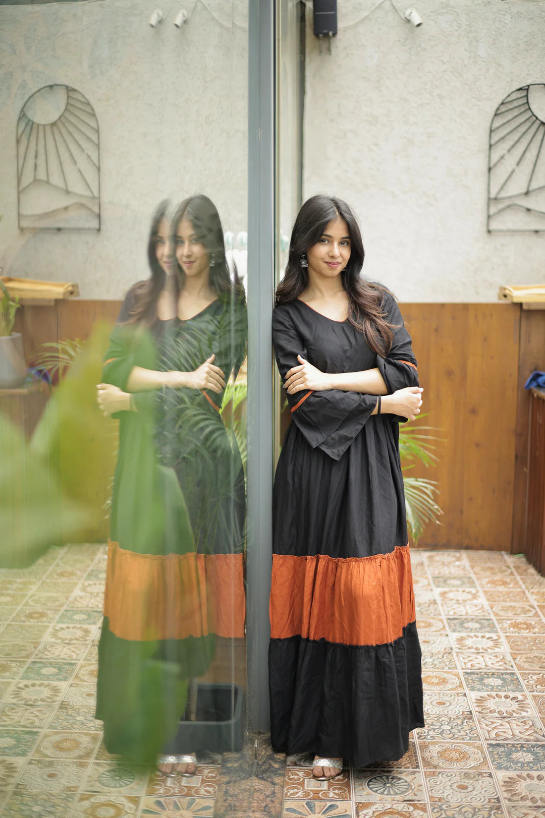 Black & Rust Tiered Maxi Dress with Flared Sleeves