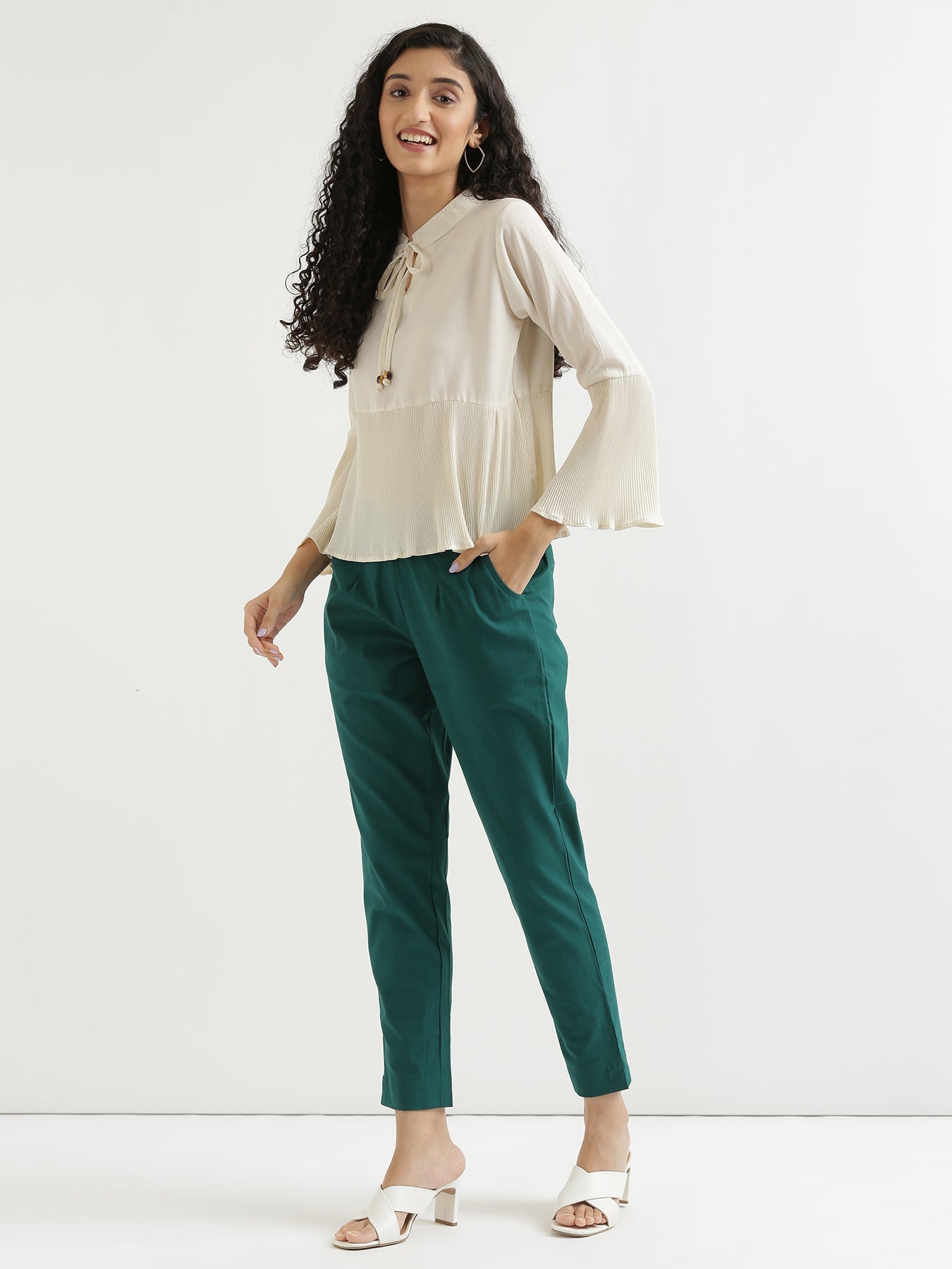 Vedora Essentials: Bottle Green Cotton Pants – Comfort in Every Size