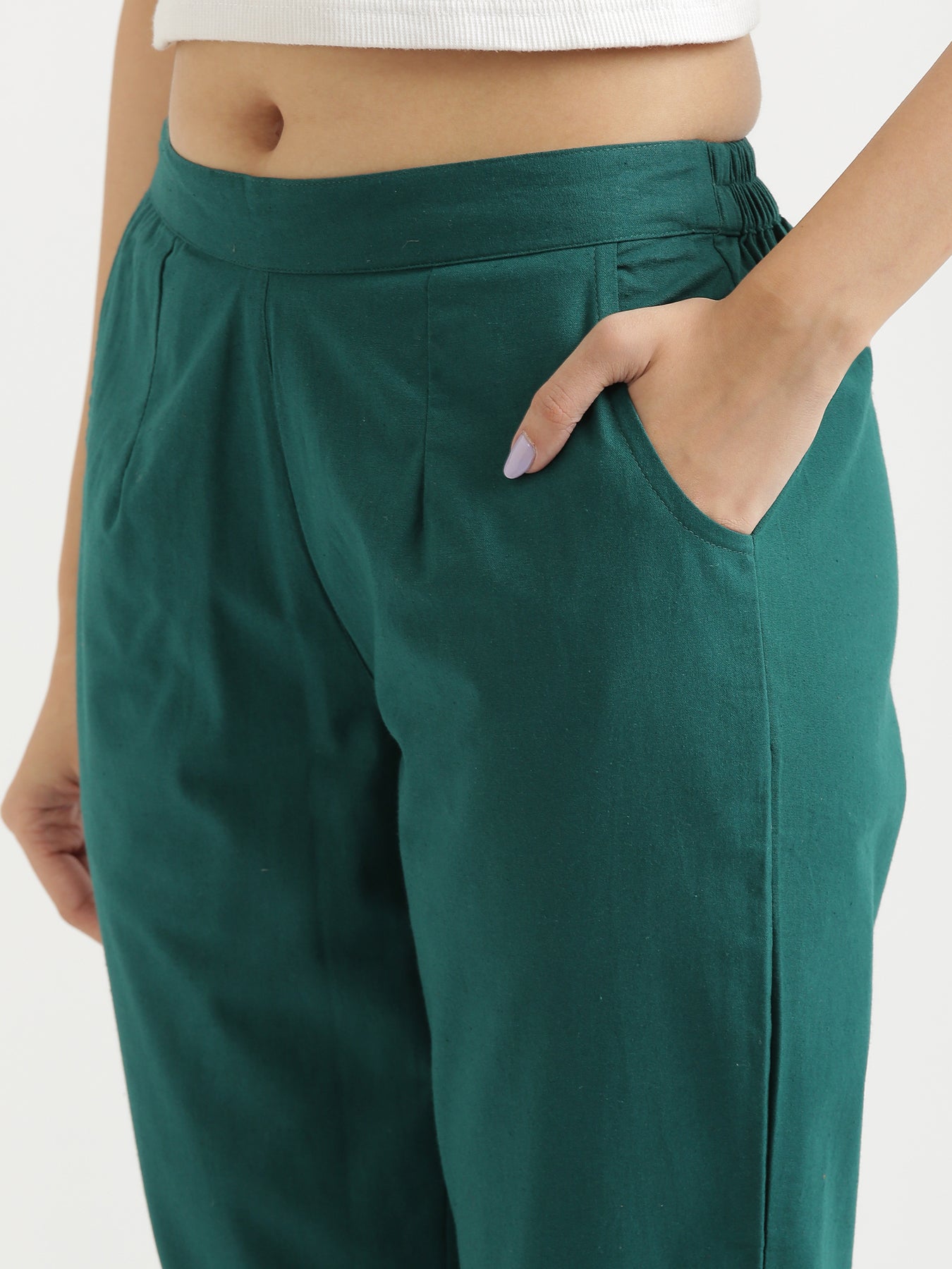 Vedora Essentials: Bottle Green Cotton Pants – Comfort in Every Size