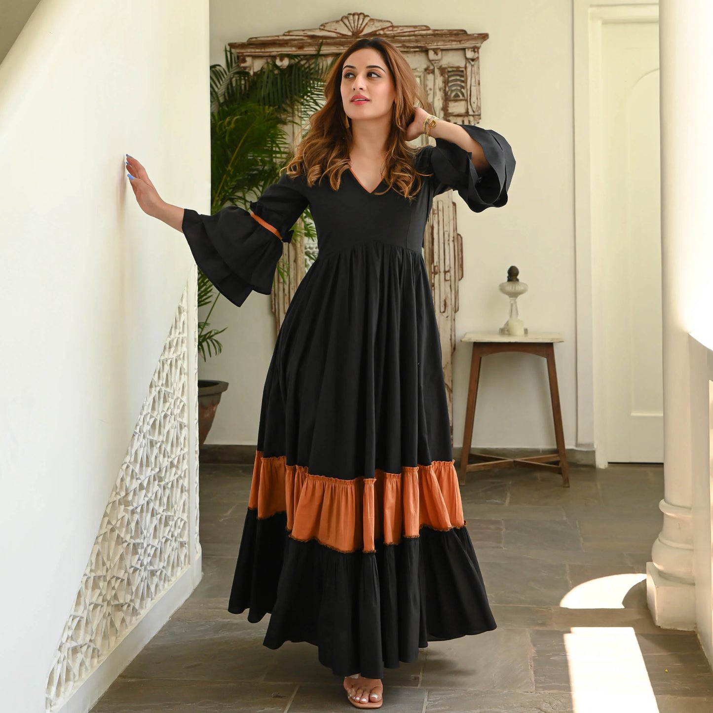 Black & Rust Tiered Maxi Dress with Flared Sleeves