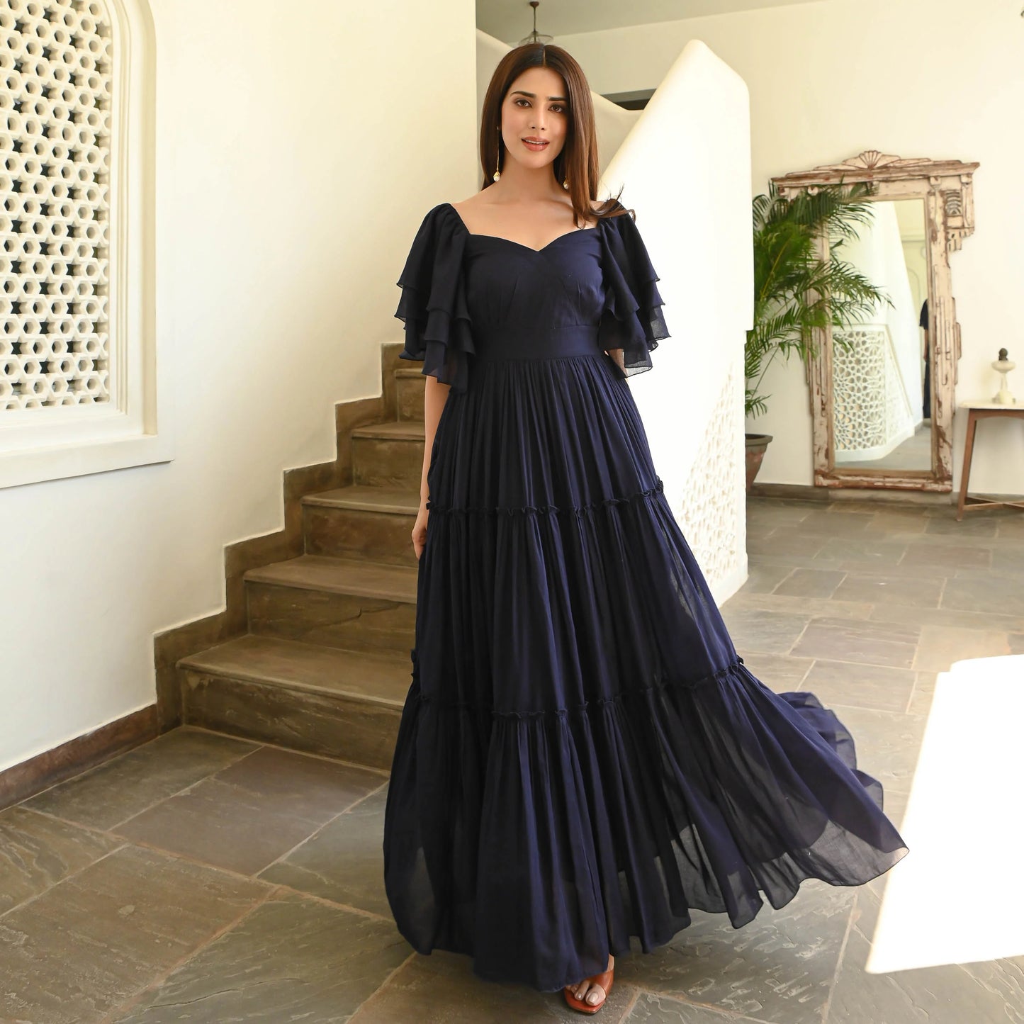 Navy Ruffle Sleeve Tiered Maxi Dress