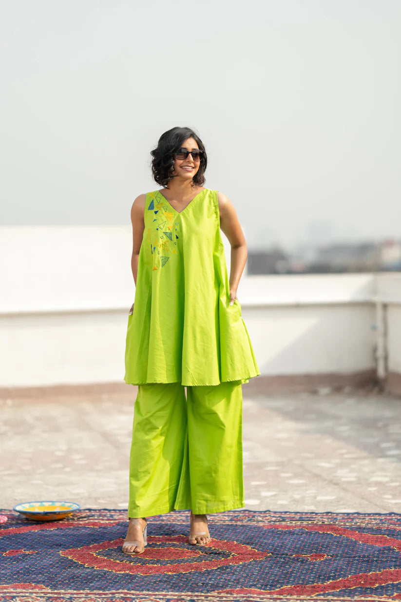 Lime Glow Cotton Slub Co-ord Set – Hand-Embroidered Breezy Summer Chic by Vedora