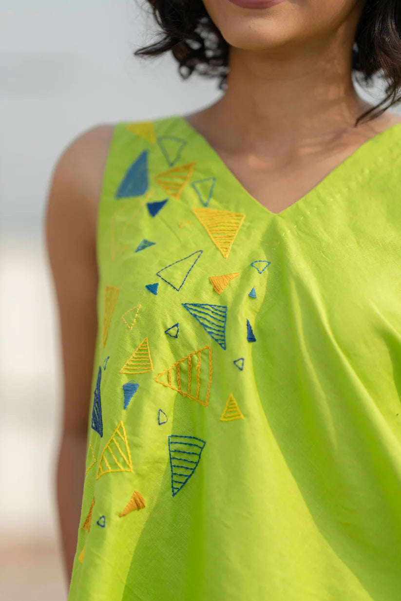 Lime Glow Cotton Slub Co-ord Set – Hand-Embroidered Breezy Summer Chic by Vedora