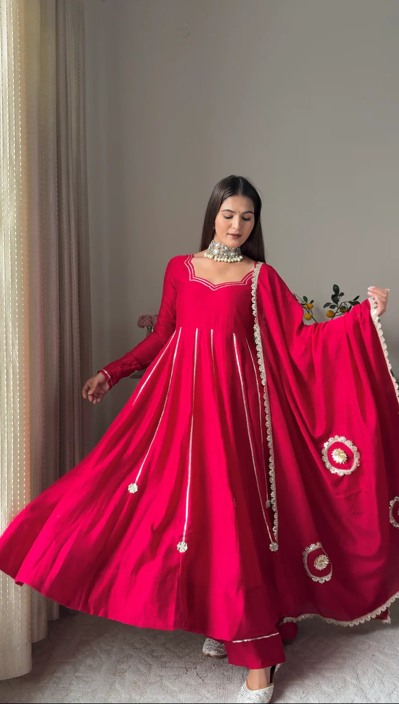 "Arka" - Vibrant Red Georgette Anarkali Suit Set with Gold Gota