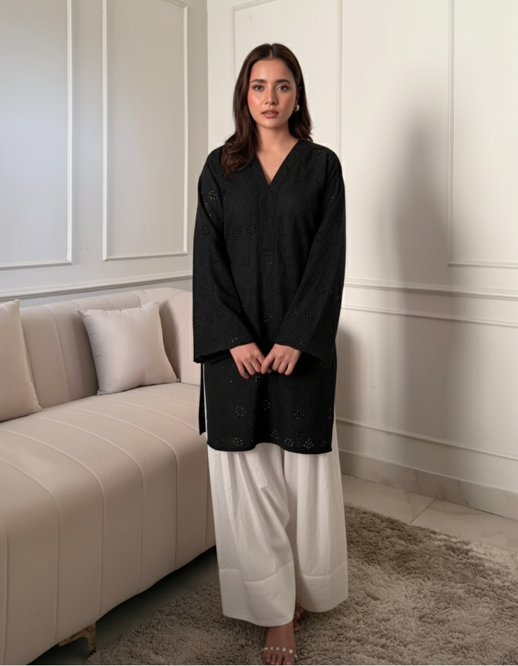 "Gulnar" - Black Hakoba Cotton Kurta with White Farshi Salwar Set
