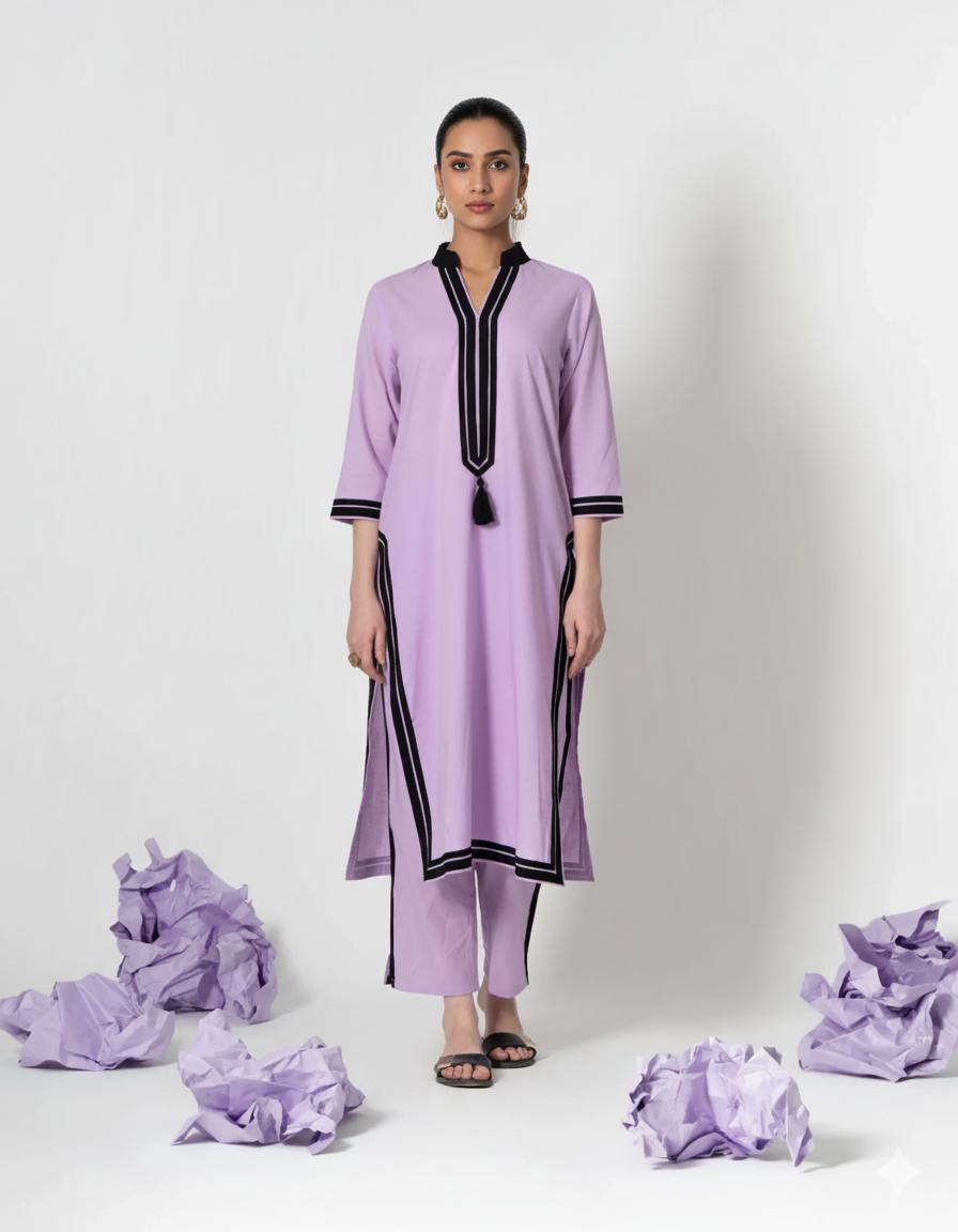 Contrast Elegance – Premium  Cotton Kurta Pant Set by Vedora