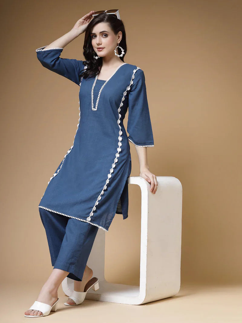 "Charvi" - Elegant Cotton Slub Kurta & Straight Pants Set