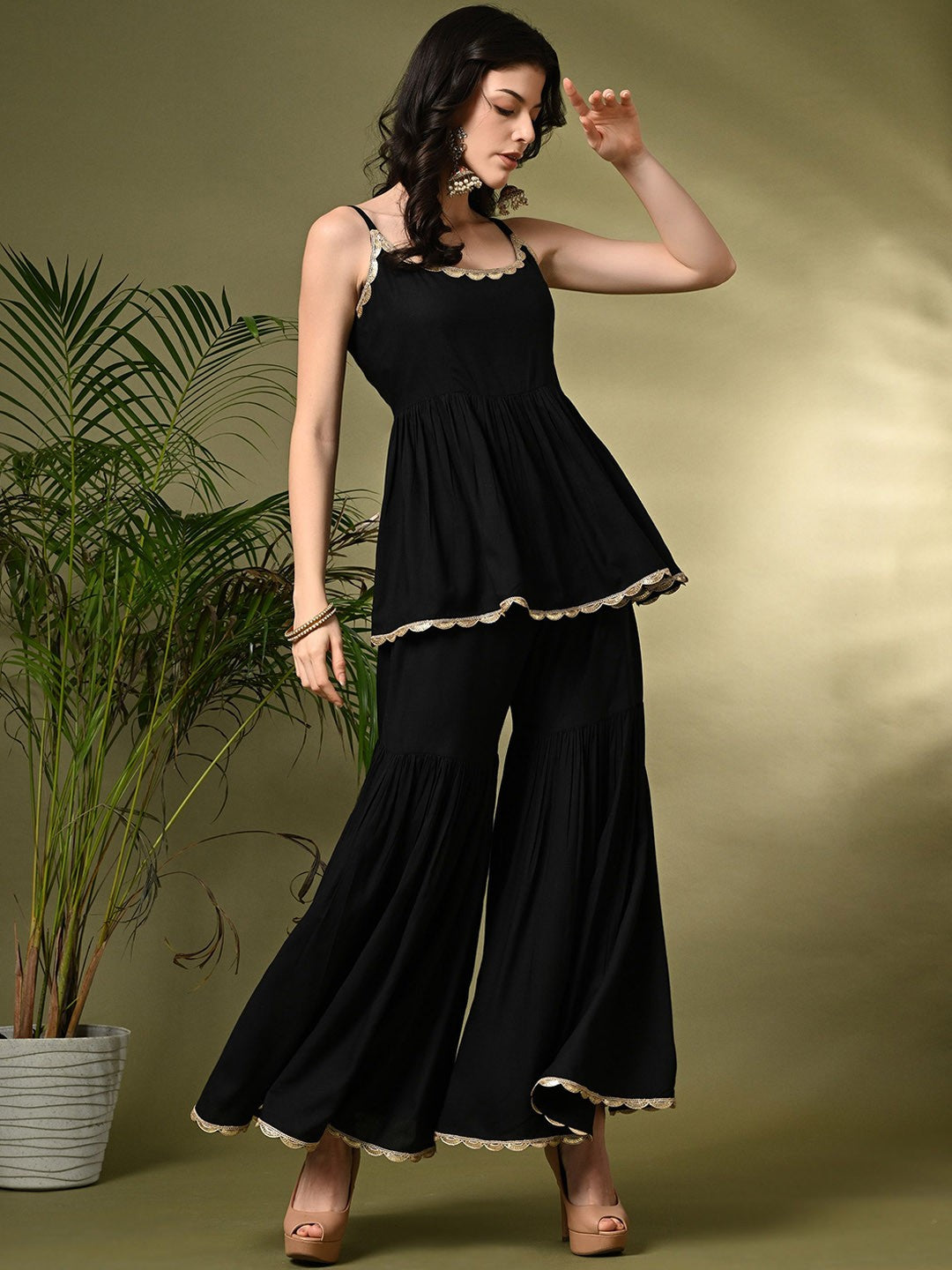 "Gulnaar Tiered Sharara Set – Elegance with Golden Gota"