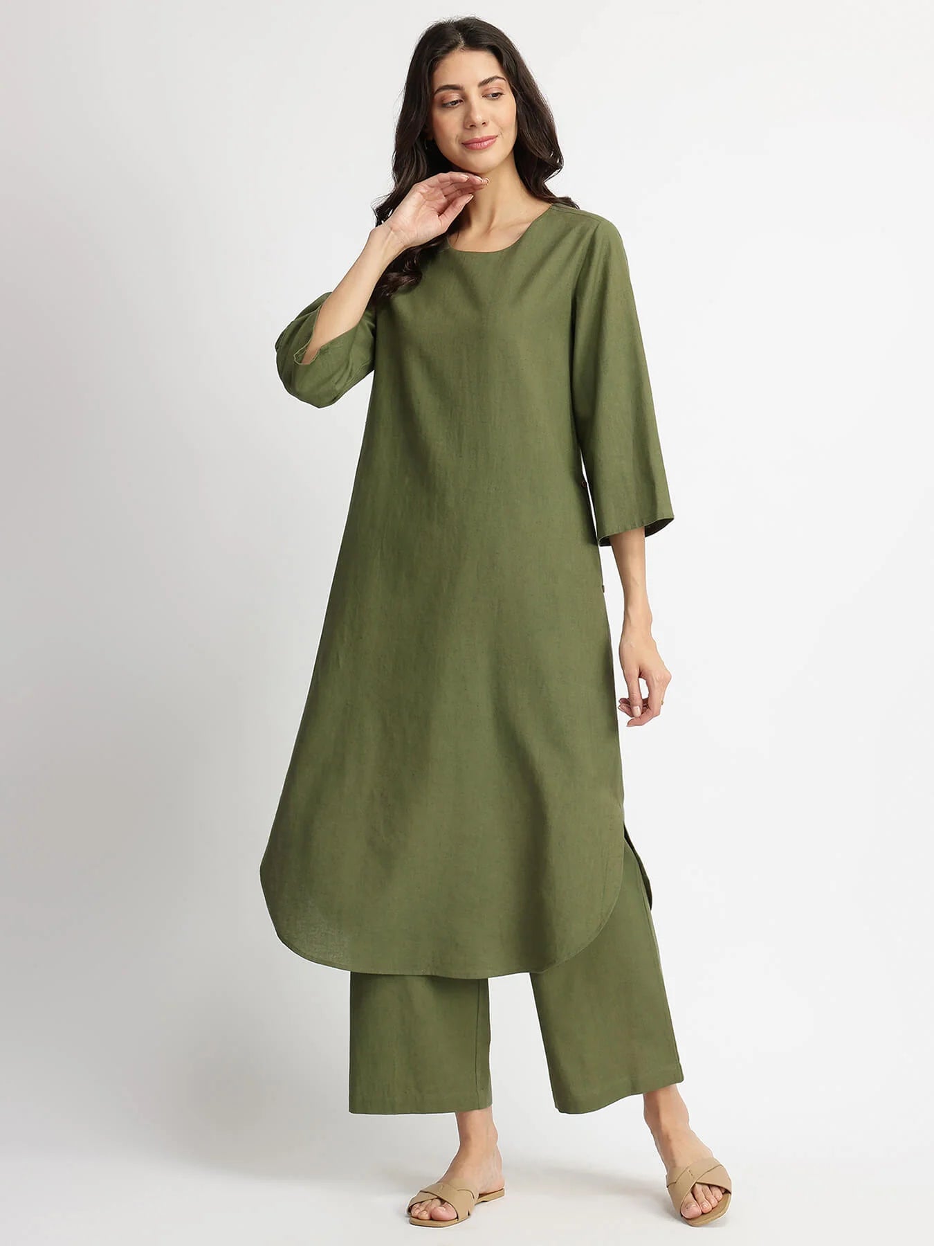 Olive Calm – Linen Blend Solid Kurta Set