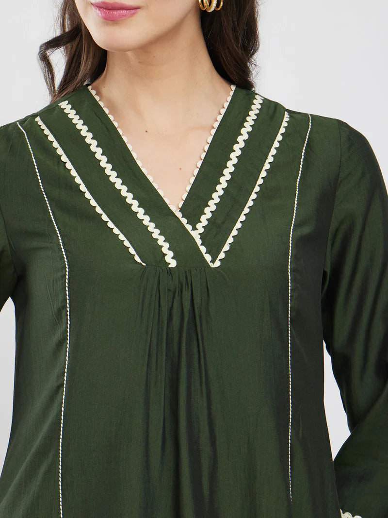 Solid Lace Detail Kurta Set – Olive | Vedora