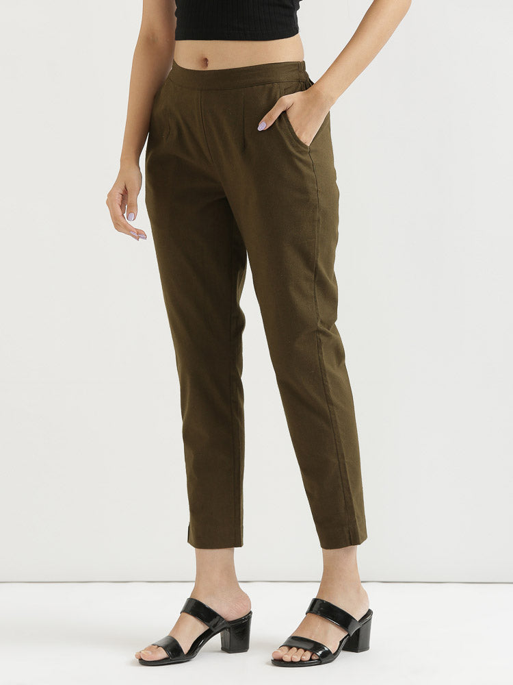 Vedora Essentials: Olive Green Cotton Pants for Timeless Style