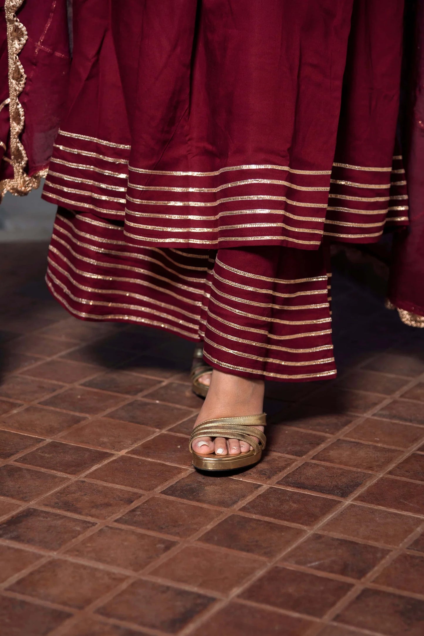 Gotta Jaal Elegance – Maroon Cotton Anarkali Set