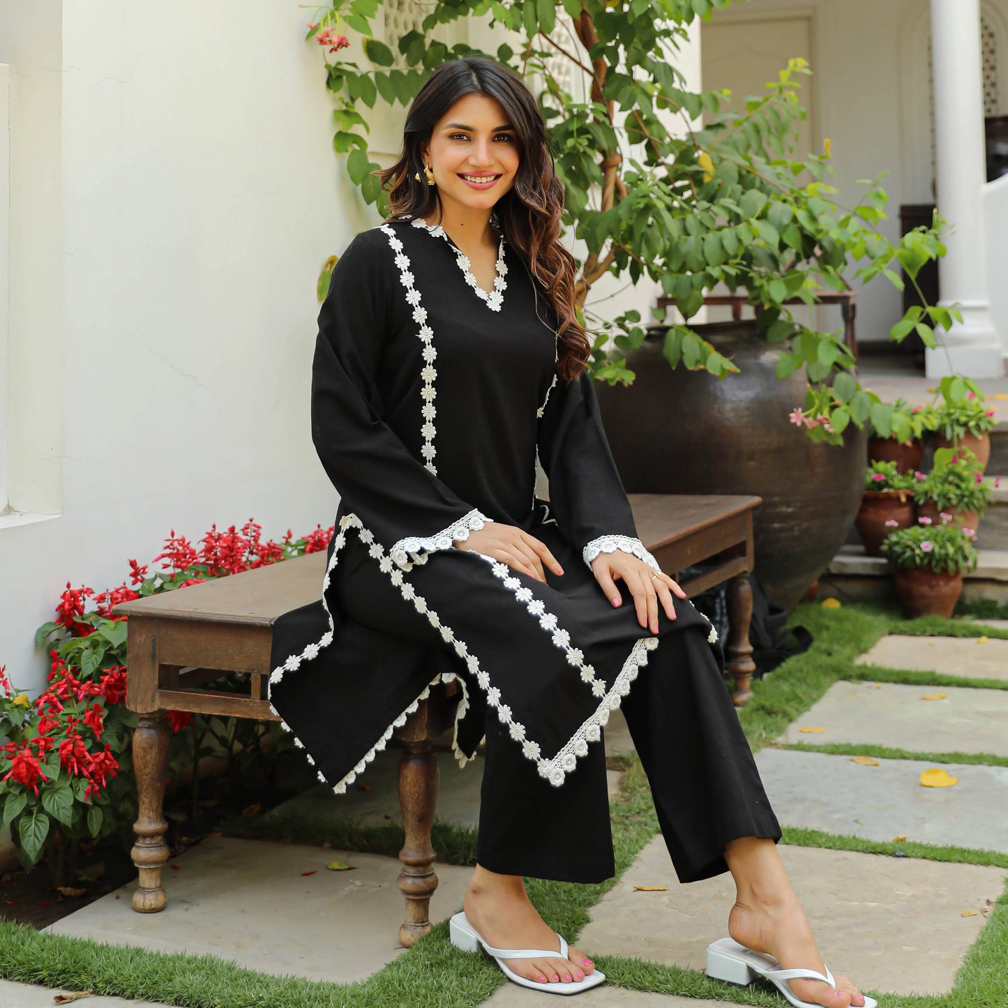 "Hansa" - Black Cotton Flex Kurta Set with White Scallop Lace