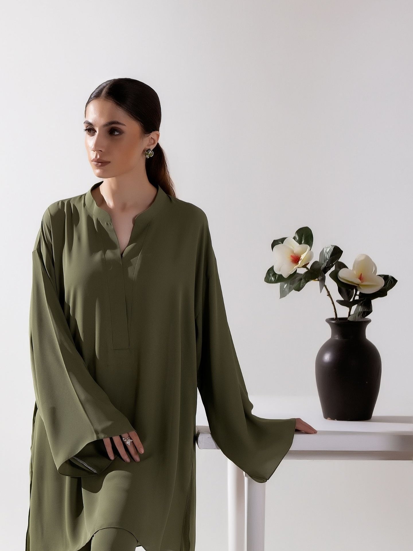 "The Verra" – Olive Green Rayon Minimalist Kurta Set
