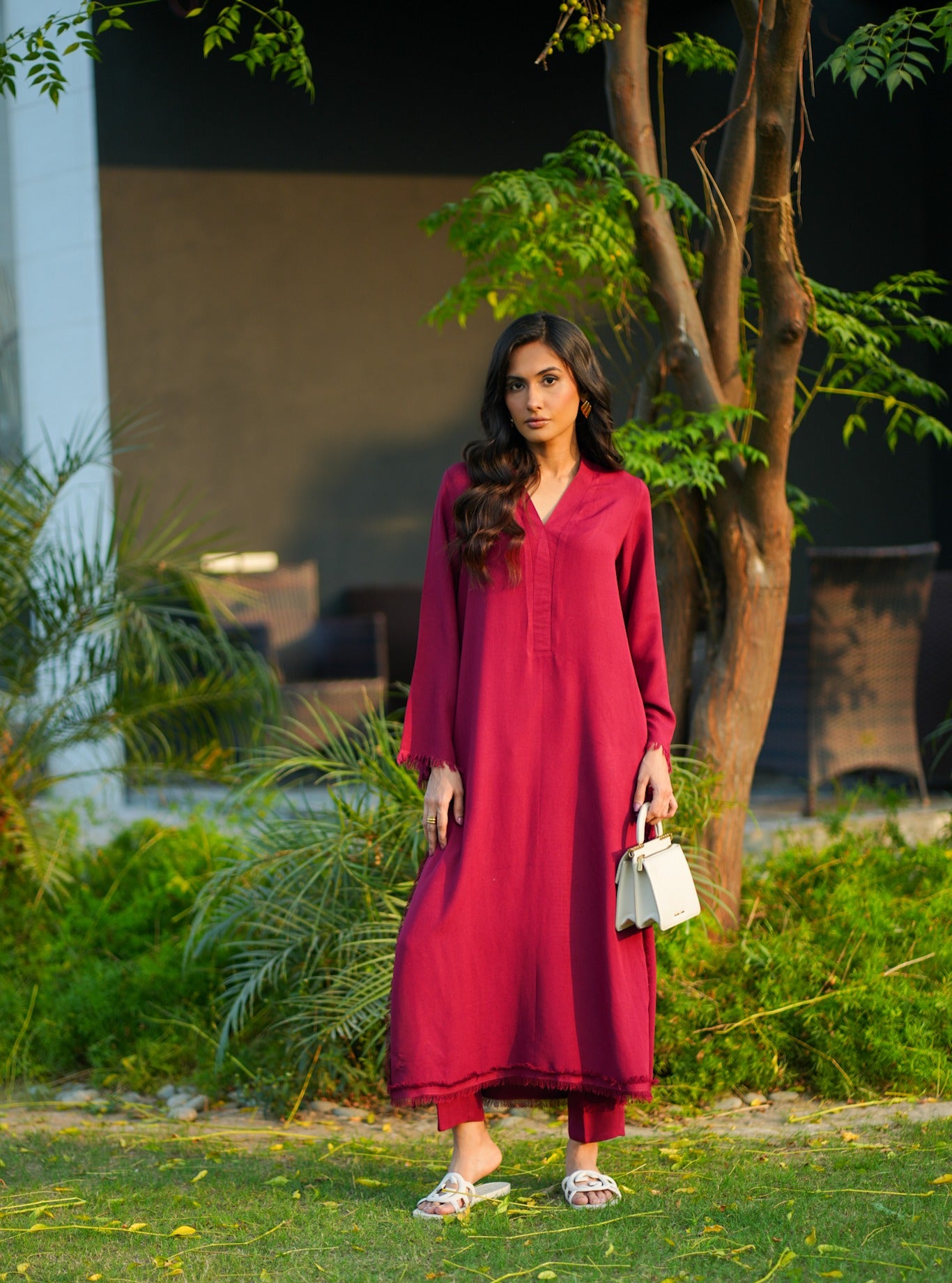 "Amara" - Magenta Solid Rayon Kurta Set with Fringe Detail