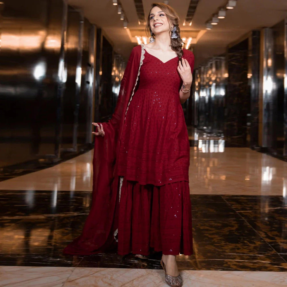 Maroon Sequin Rayon Sharara Suit Set