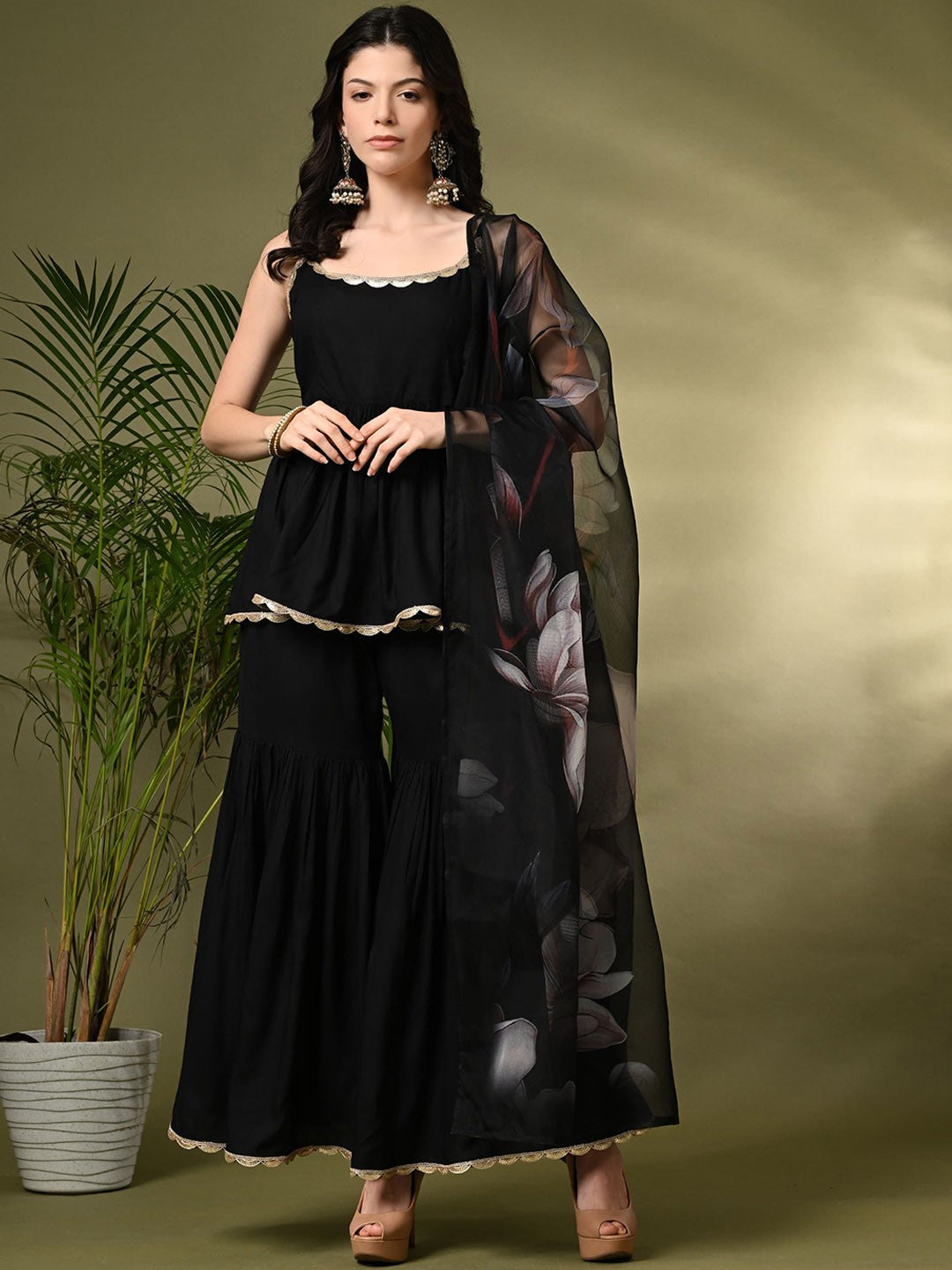 "Gulnaar Tiered Sharara Set – Elegance with Golden Gota"