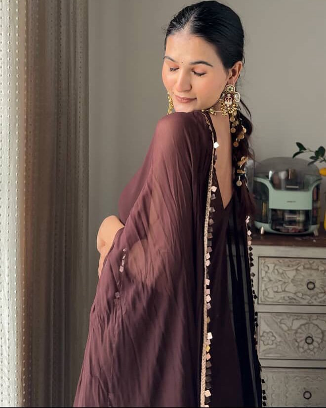 "Noor" - Chocolate Brown Satin Suit Set with Embellished Dupatta