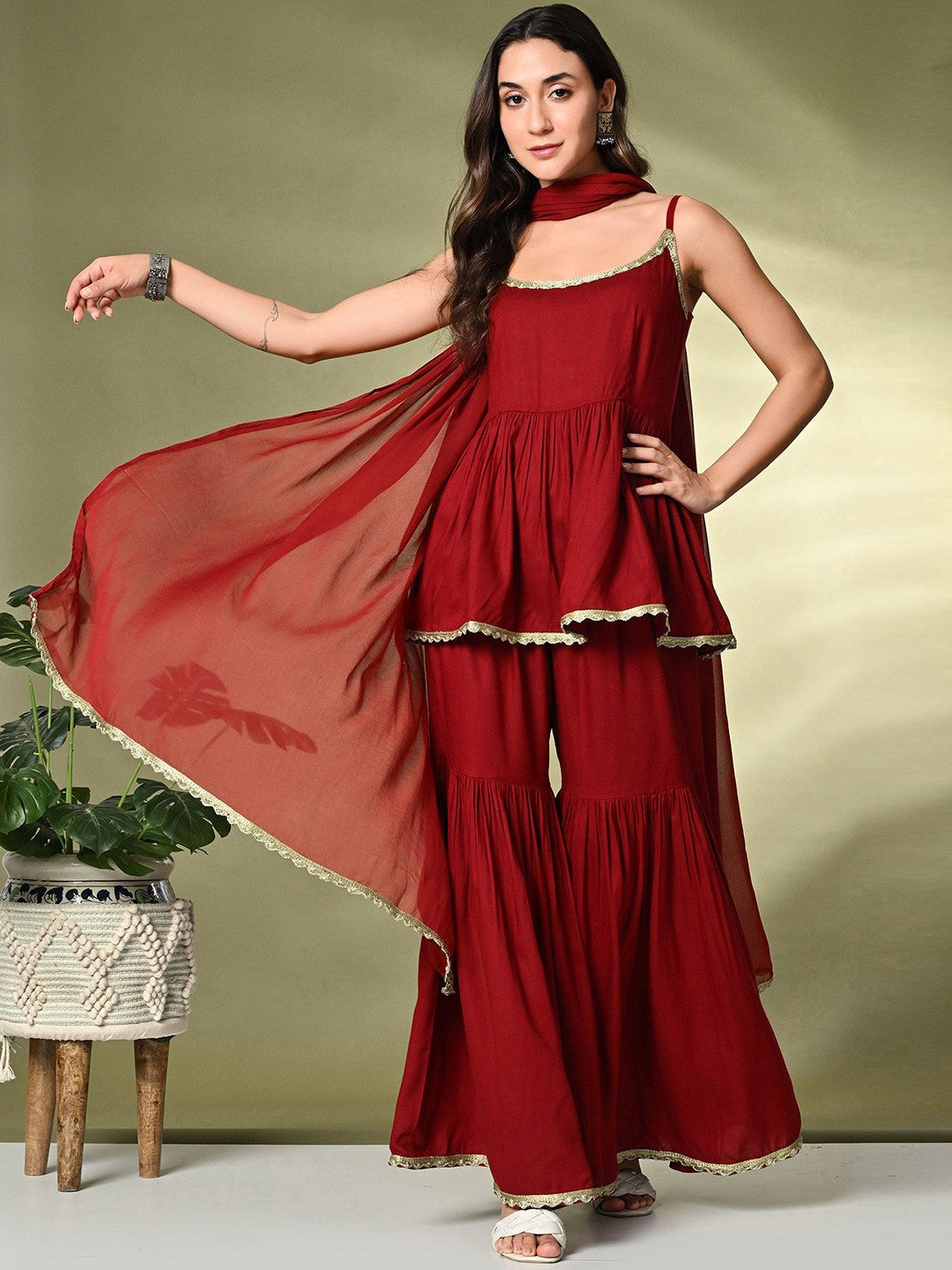 "Gulnaar Tiered Sharara Set – Elegance with Golden Gota"