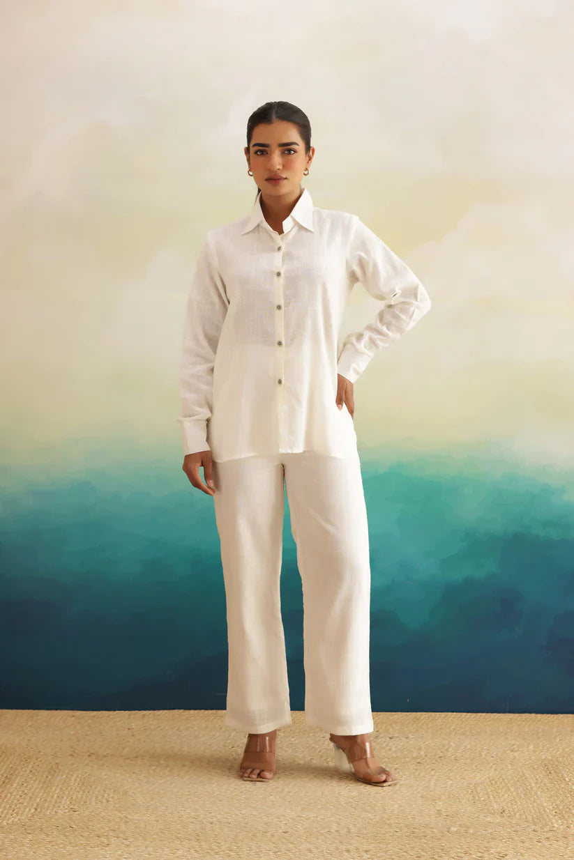 "Mina" - Relaxed Ivory Cotton Slub Shirt & Wide Pants Co-ord Set