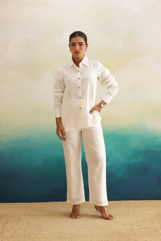"Mina" - Relaxed Ivory Cotton Slub Shirt & Wide Pants Co-ord Set