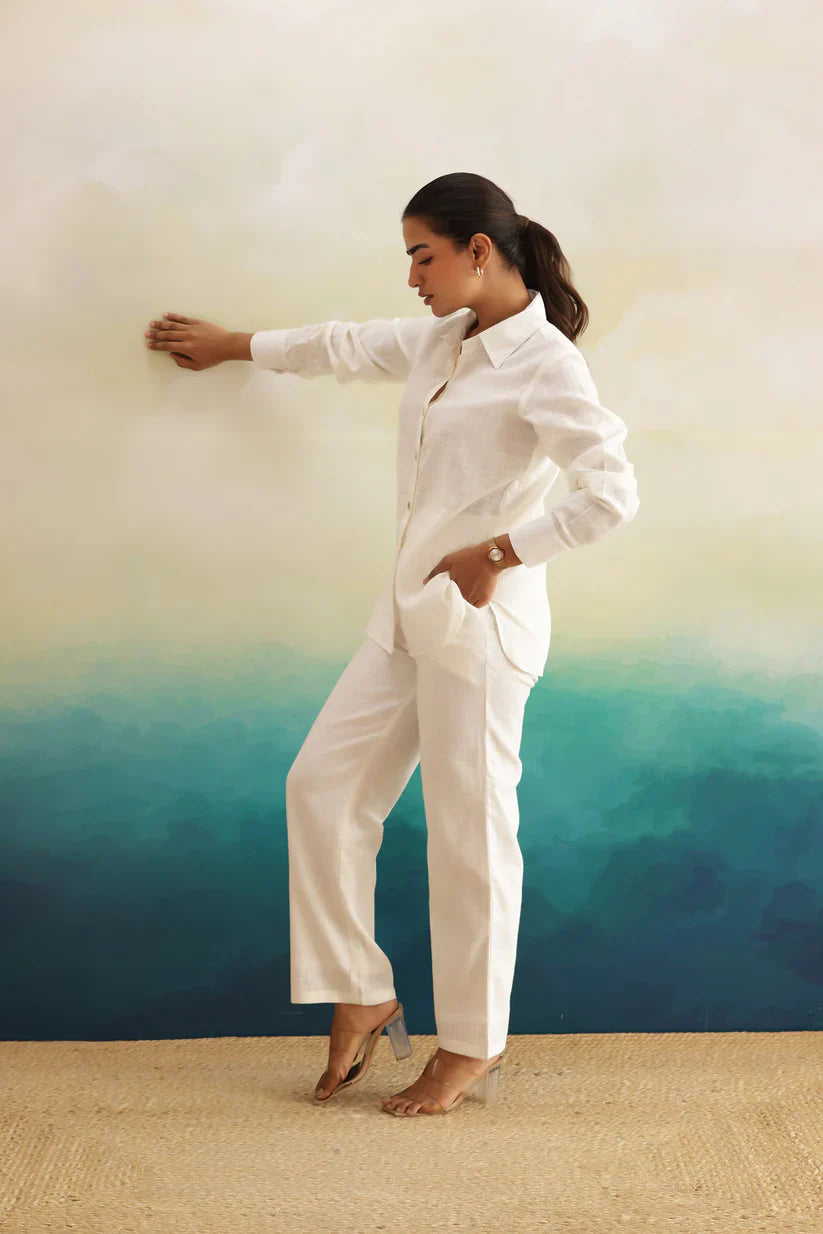 "Mina" - Relaxed Ivory Cotton Slub Shirt & Wide Pants Co-ord Set