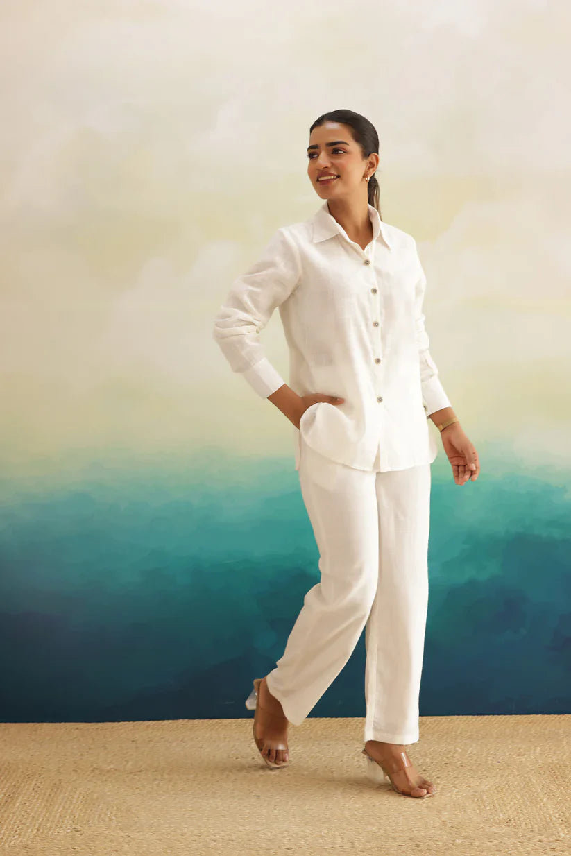 "Mina" - Relaxed Ivory Cotton Slub Shirt & Wide Pants Co-ord Set