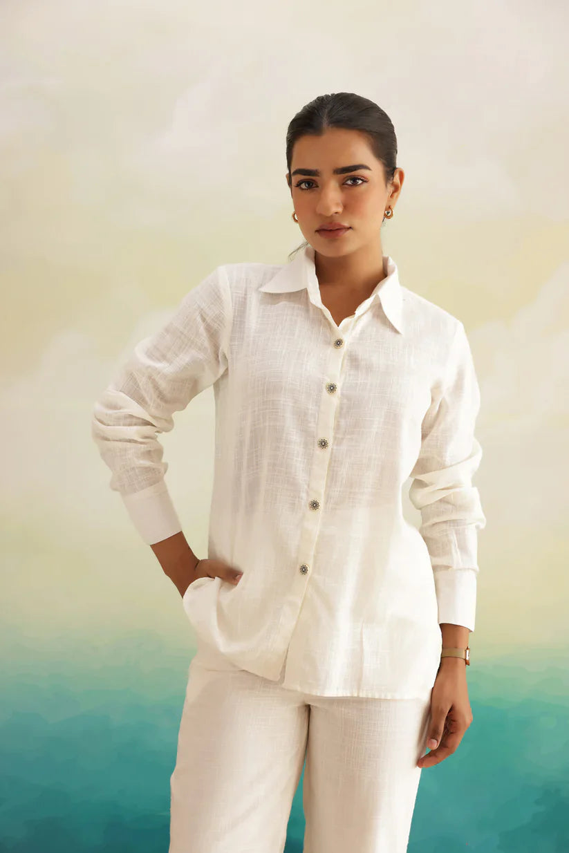 "Mina" - Relaxed Ivory Cotton Slub Shirt & Wide Pants Co-ord Set