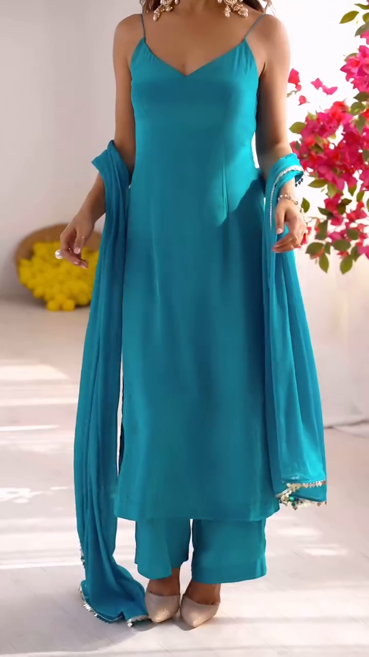 "Noor" - Teal Blue Satin Suit Set with Embellished Dupatta