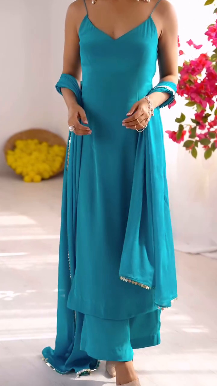 "Noor" - Teal Blue Satin Suit Set with Embellished Dupatta