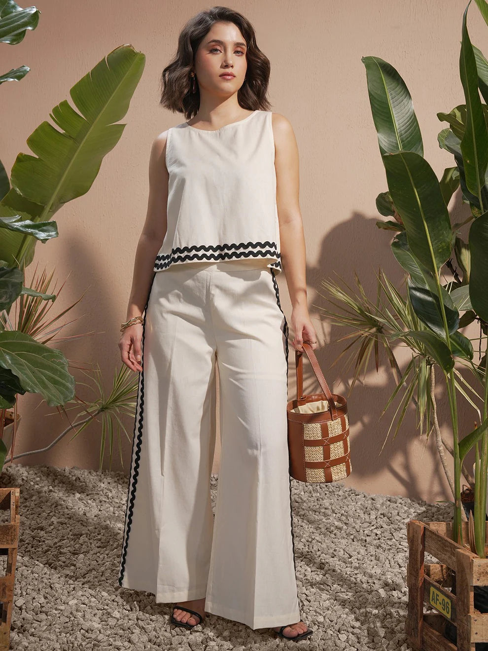 "Shalini" - Modern Sleeveless Cotton Crop Top & Wide Leg Pants Set