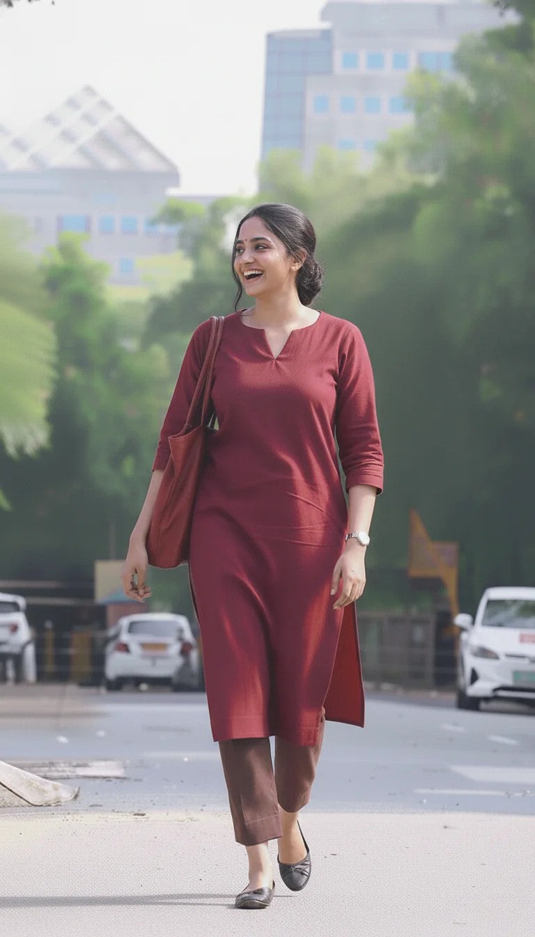 "Prabha" - Premium Breathable Cotton Kurta & Pants Set in Rust Red