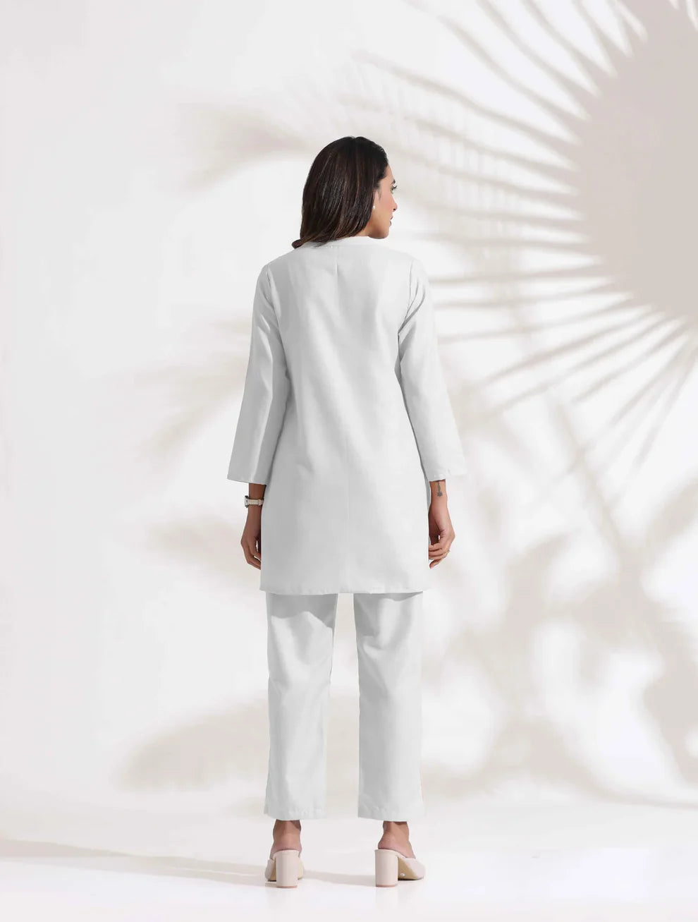 "Shama" - Elegant Ivory Cotton Flex Tunic & Pants Set with Central Lace Detailing