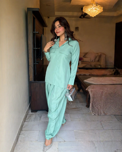 Gulnaar Mint Cotton Farshi Salwar Set for Women Shirt Style Kurta with Farshi Pants