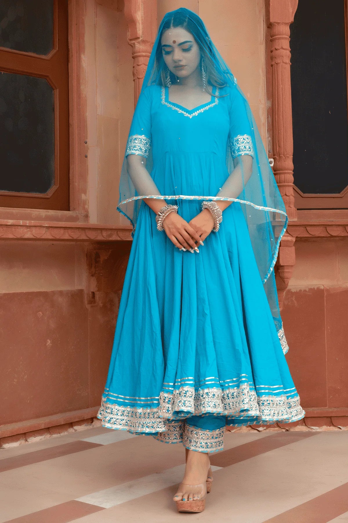 Kalamkari Bloom – Blue Cotton Anarkali with Net Dupatta