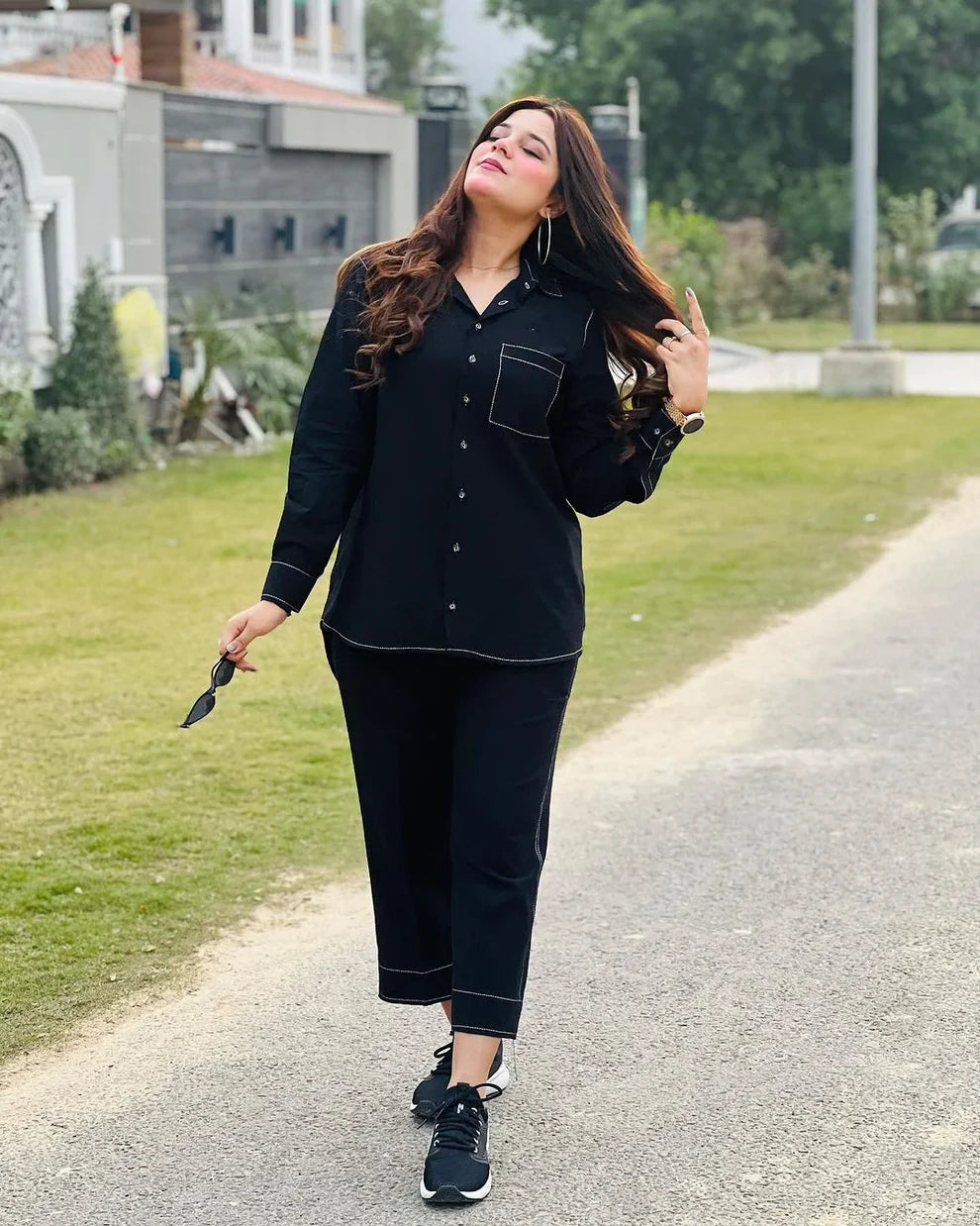 "Sia" - Black Cotton Shirt & Cropped Pants Co-ord Set with Contrast Stitching