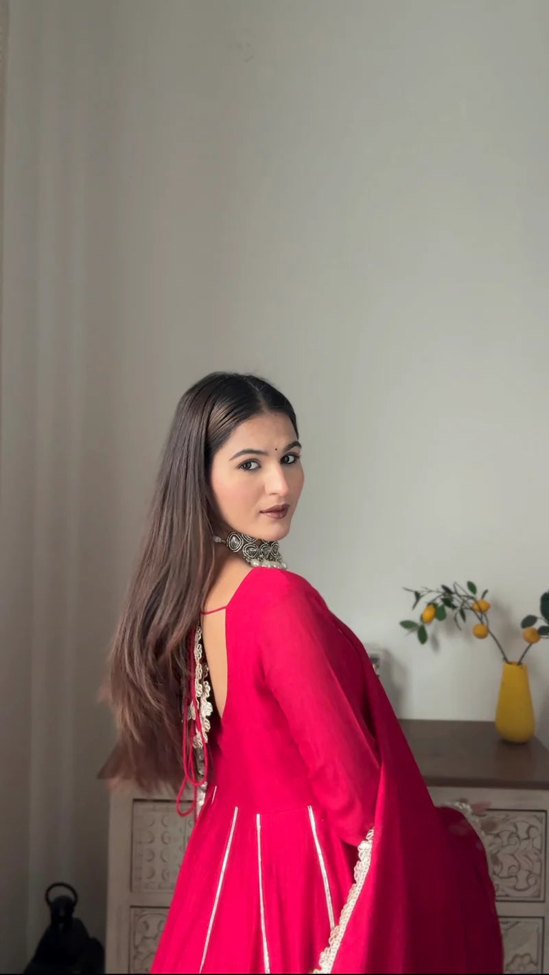 "Arka" - Vibrant Red Georgette Anarkali Suit Set with Gold Gota