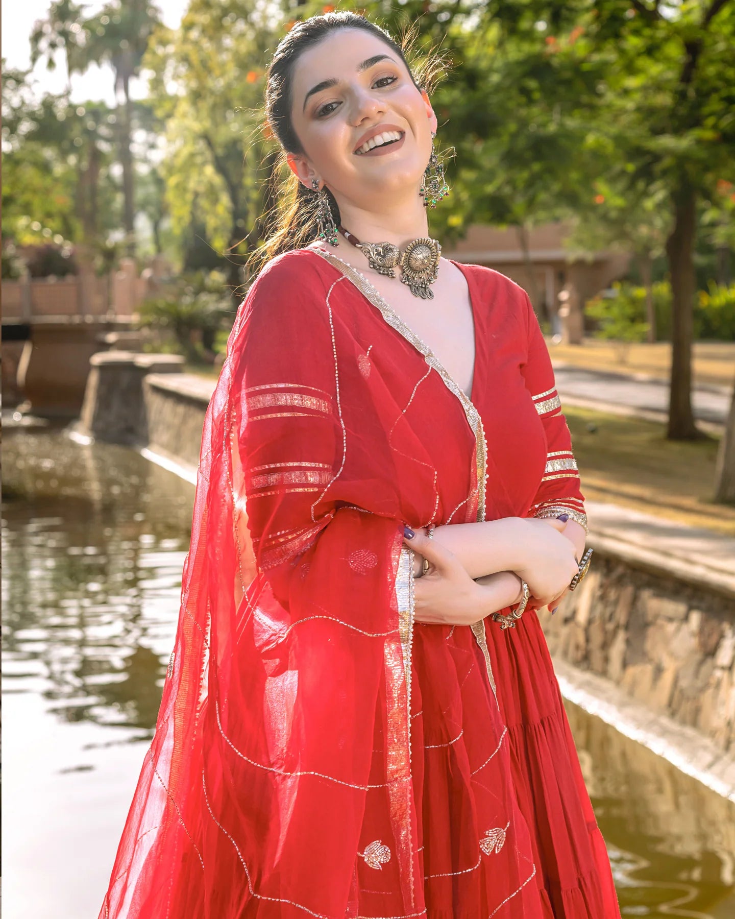 Kumudini Red Cotton GotaPatti Suit Set